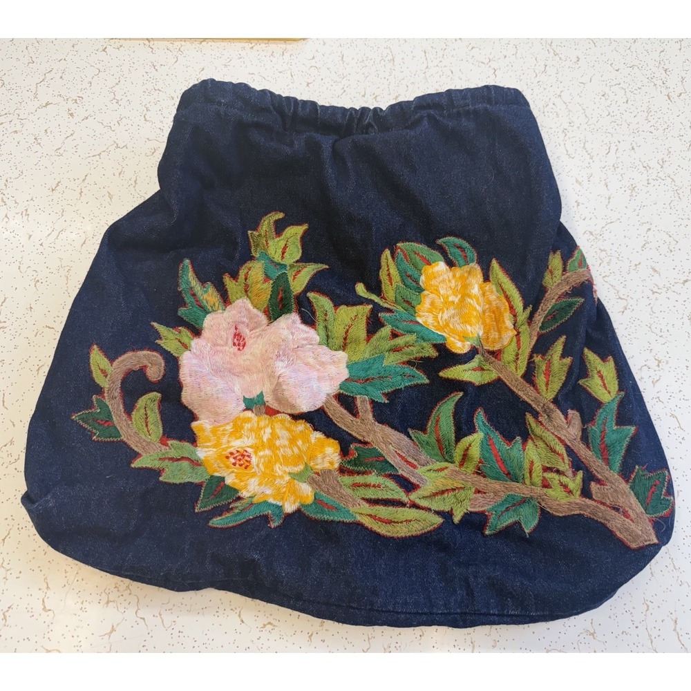 FREDD + BASHA Denim Embroidered Flowers Beach Travel Bag Anthropologie Boho